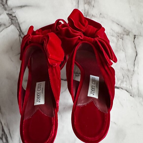 Jimmy Choo Red Velvet Bow Flaca Heels - Picture 4 of 8